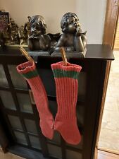 RARE LARGE PRIMITIVE (LIKELY WOOL)RED & GREEN SANTA'S STOCKINGS AS IS