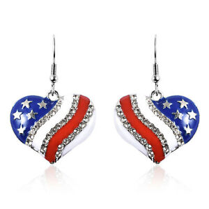 White Crystal National Flag of America Theme Heart Dangle Drop Earrings Gift