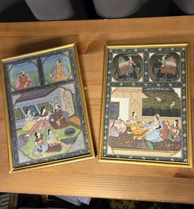 2er Set, Mogul Harem Kunst, handgefertigte indische Miniaturmalerei auf Papier 7x10 Vintage - Bild 1 von 6