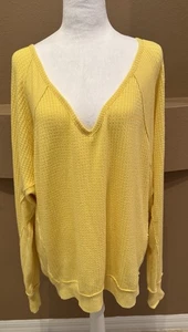 Free People We the Free Yellow V-Neck Long Sleeve Waffle Knit Top Size L - Picture 1 of 6