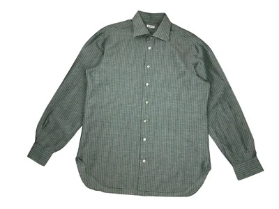 KITON MENS STRIPED DRESS SHIRT GREEN GRAY LINEN COTTON SIZE 17 1/2 44 XL - Image 1 of 4