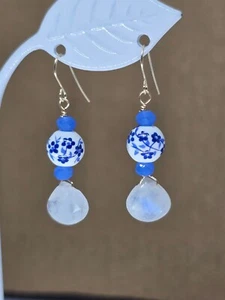 White Moonstone Briolette Dangle Earrings, 14k Yellow Gold or Sterling Silver - Picture 1 of 8