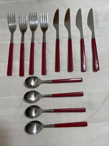 Juego de 12 cuchillos cuchara tenedor cubiertos acero inoxidable rojo vintage Taiwán acero inoxidable - Imagen 1 de 12