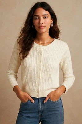 Jeanne Pierre Mujer’s Cárdigan Tejido con Cable Suéter Blanco XL Algodón Clásico Chic Foto 1 de 4