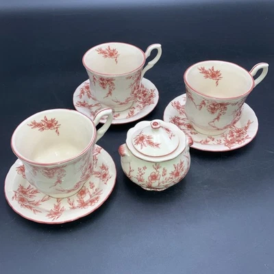 Lote de 8 Piezas Rojo Transferwar Toile Floral Galleta Barril Tazas, Platillos, Azúcar Foto 1 de 4