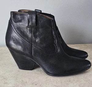 Frye Reina Boots Women’s Size 10 Black Wester Leather Ankle Booties Stacked Heel - Picture 1 of 13