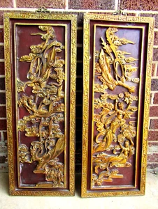 PAIR OF VINTAGE CHINESE CARVED AND GILT WOOD PANELS - Picture 1 of 15