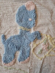 Vintage Chenille Baby Blanket Crib Child Bedspread White Blue Horse Dog Pink - Picture 1 of 7