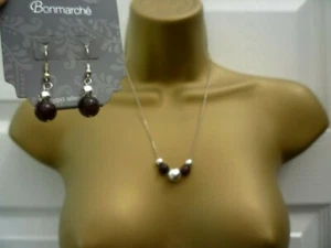 Bonmarche Silber Lila Perlen Passende Ohrringe Halskette Set Modeschmuck  - Bild 1 von 7