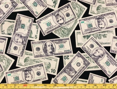 Chatarra Tina 9"x21" Moneda de Dinero Americano $100 5 10 Tela Divertida ALGODÓN Foto 1 de 2