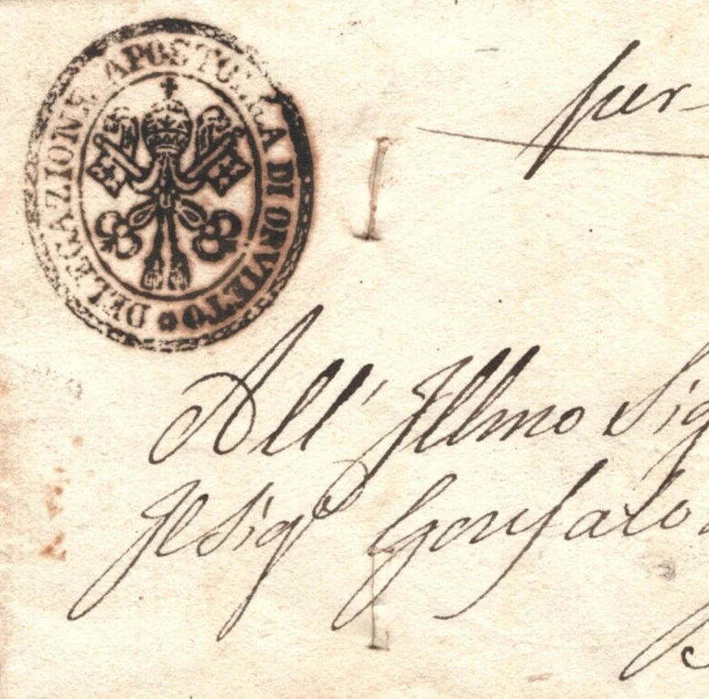 Italia ESTADOS PAPALES Cubierta *CORREO URGENTE DESINFECTADO* Orvieto 1837 LLAVE Cachet MA960 Foto 1 de 4