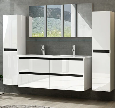 Doppelwaschtisch Weiß Hochglanz Doppel Waschbecken Badezimmer Möbel Badmöbel SeT - Bild 1 von 4