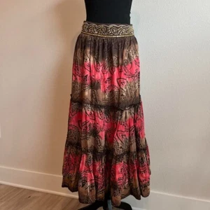 Vintage Y2K Metro 7 rosa und braun gemusterter Maxirock mit goldenen Perlen Größe 6 - Bild 1 von 4
