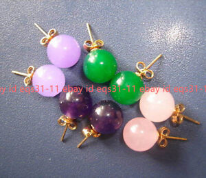 4 Pairs Natural 10mm Multicolor Jade Gemstone Round Beads Gold Stud Earrings