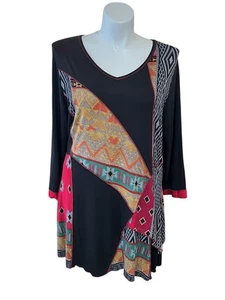 Parsley & Sage Womens Patchwork Black Asymmetric Tunic Top Size 1X Aztec Boho - Picture 1 of 6