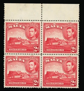 [MALTA] 2d SG 221b variety / block-of-4 / ‘Cowlick’ on hair (MH) - Picture 1 of 3