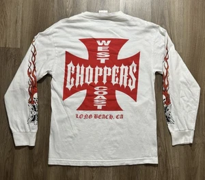 Camicia vintage Y2K West Coast Choppers teschio fiamma bianca manica lunga taglia M - Foto 1 di 9