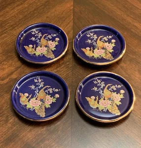 Vintage Interpur Pfau Blumen Untersetzer Kobaltblau Gold Akzente 4er Set Taiwan - Bild 1 von 9