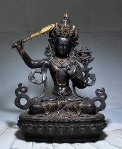 12"Antique Tibet Tibetan Buddhism temple Bronze gilt Bodhisattva Manjusri Statue - Picture 1 of 9