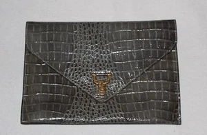Vintage 1980s Clutch Bag Purse Grey Faux Crocadile Skin Envelope Style Brass - Picture 1 of 4