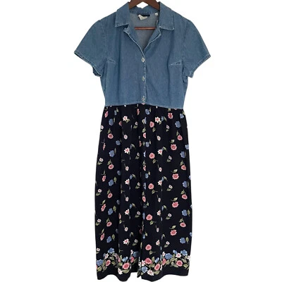 Vintage 90s Faded Glory Midi Sun Shirt Dress M Blue Denim & Floral Cottagecore - Image 1 of 4