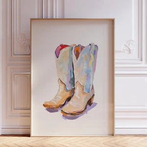 Watercolor Pastel Blue Western Southwestern Cowgirl Cowboy Boots Wall Art Print - Picture 1 of 6