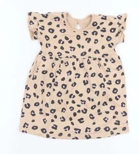 George Girls Beige Animal Print 100% Cotton Skater Dress Size 9-12 Months Round - Picture 1 of 12