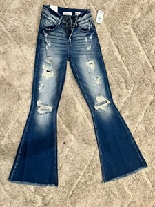 Kancan hi rise flare raw hem button fly denim jeans distressed sz 24x34 - Picture 1 of 3