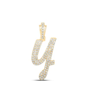 10K Yellow Gold Womens Round Diamond Y Cursive Initial Letter Pendant 1/2 Cttw - Picture 1 of 2