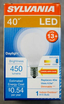 Sylvania 4.5 Watt (40W)  LED A15 Dimmable Frosted DayLight Candelabra E12 Bulb - Image 1 of 3