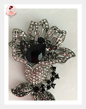 Brooch Flower Shaped With Rhinestones, Obsidian Stone, Worked Glass, Made Italy