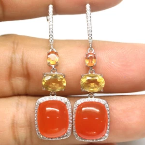Corniola, Citrino, Zaffiro E Zircone Cubico Orecchini 925 Argento Sterling - Foto 1 di 4
