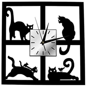 Shadow Silhouette Playful Cats In The Window - Home Black Wall Clock - - Picture 1 of 4
