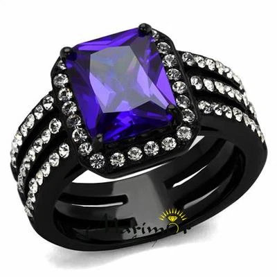 4.95 Ct Emerald Cut Amethyst Cz Stainless Steel Engagement Ring Women's Sz 5-10 - Image 1 of 4