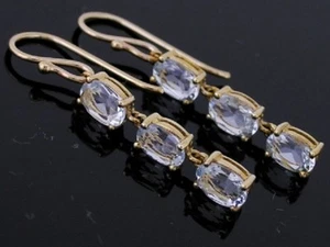 E100 - Gorgeous Genuine 9ct Yellow Gold Natural Aquamarine Drop Journey Earrings - Picture 1 of 3