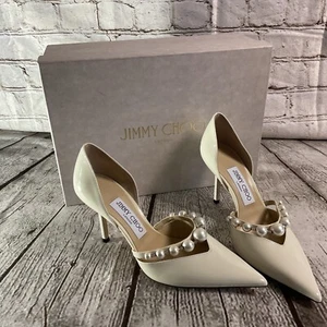 Jimmy Choo Off White taglia 6,5 US 36,5 EU pelle verniciata dettagli perlati tacchi aurelie - Foto 1 di 8