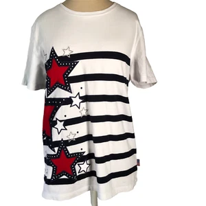 Karen Scott Sport Womens Patriotic Knit Top PM Stars Striped Beaded T-Shirt - Picture 1 of 11
