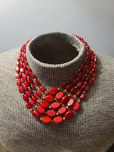 Vintage Dark Red Chunky Beaded Goldtone Necklace 1980s - Picture 1 of 5