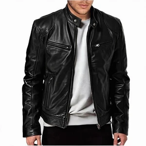 Mens New Black Premium Biker Leather Jacket. Genuine Lambskin Leather Jacket XL. - Picture 1 of 5