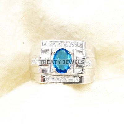 Piedras preciosas de corte ovalado de topacio azul con anillo de plata de ley 925 para hombre #A928 # Foto 1 de 4