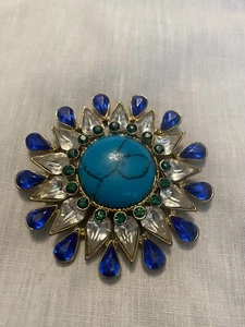 Turquoise And Rhinestone Brooch - Picture 1 of 3