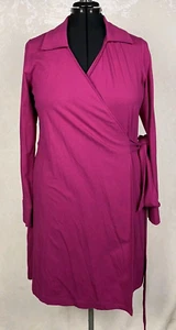 Lands' End Wrap Dress Womens 18W Fuchsia Knit Cotton Blend Long Sleeve Office - Picture 1 of 13