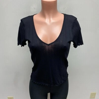 Blusa Pulôver Vero Moda Feminina Preta Decote V Manga Curta Borda Babado Respirável M - Imagem 1 de 4