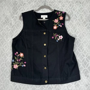 Y2K Snap Front Black Denim Vest 0X/XL Floral Embroidery 3D Boho Western Festival - Picture 1 of 9