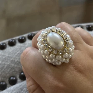 Faux Pearl Large Ring Stretch Rhinestone Statement - Picture 1 of 7