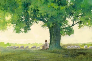  Yongsung Kim MORNING SOLACE Canvas Art Jesus Christ Under Tree Flock of Sheep - Picture 1 of 1