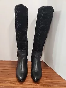 Coach Women's Fara Tall Boots Black Leather Suede Classic Logo Monogram Sz 7B - Picture 1 of 11