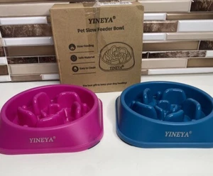 Pet Slow Feeder Puzzle Cat Dog Bowl Eating Non Slip Dish Feed Pink/Blue Set of 2 - Picture 1 of 8