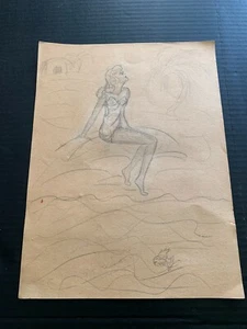 Circa 1930's Bathing Beauty On Rock Pencil Drawing - Picture 1 of 3