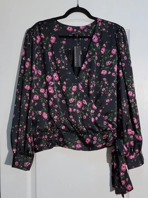 Top Banana Republic para mujer XL negro rosa oscuro floral manga larga imitación envoltura nuevo con etiquetas Foto 1 de 4